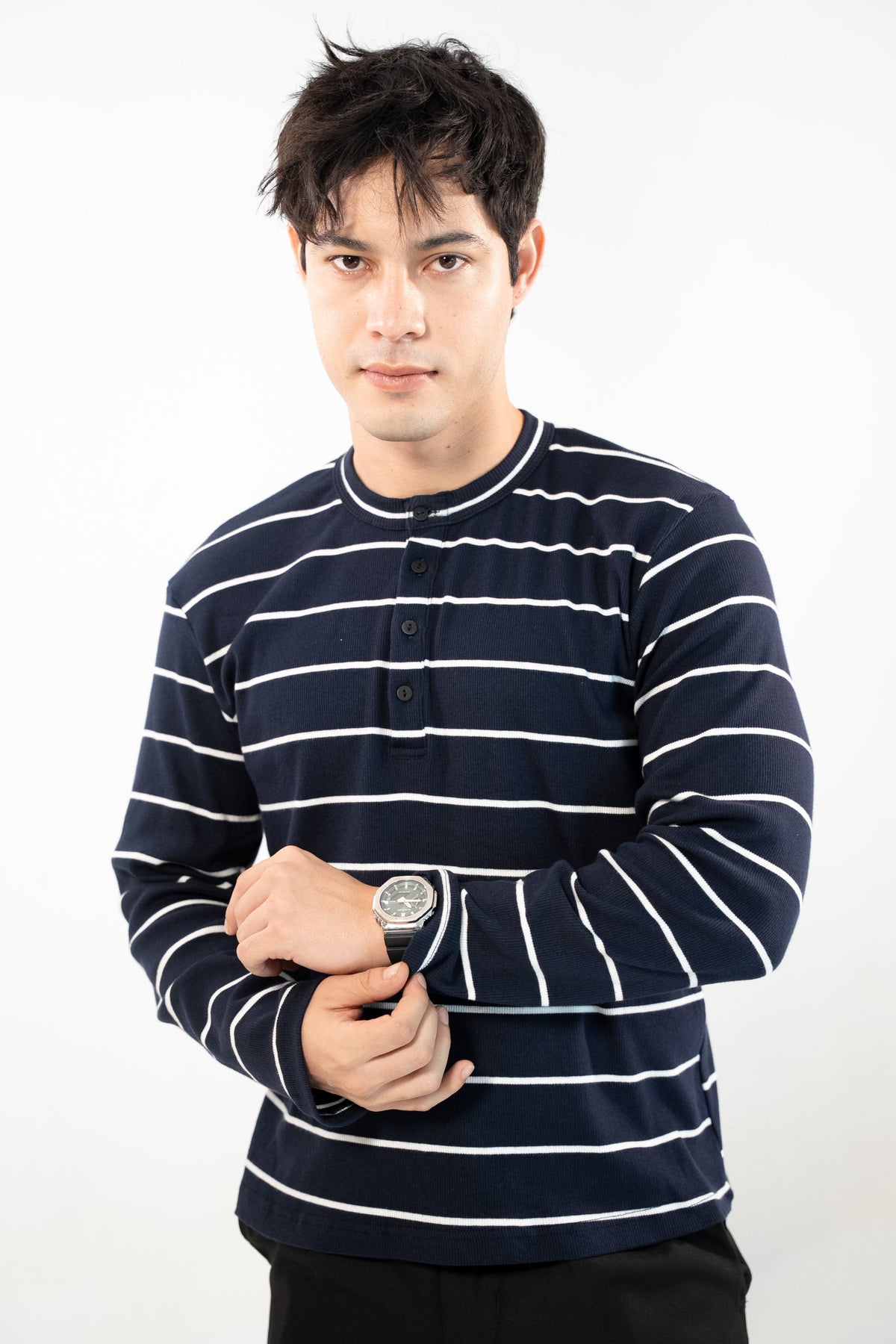 RE:PEAT Henley Stripe Long Sleeve
