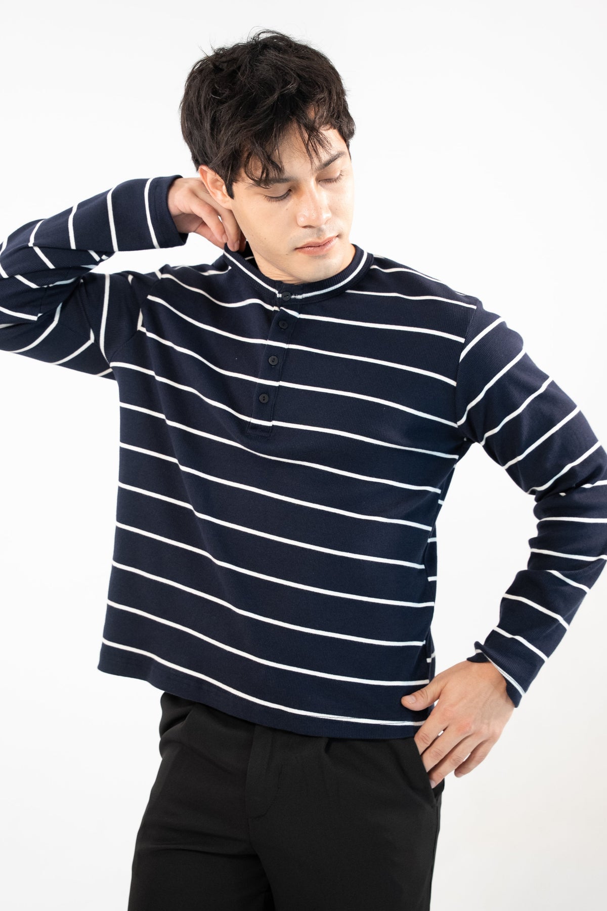 RE:PEAT Henley Stripe Long Sleeve